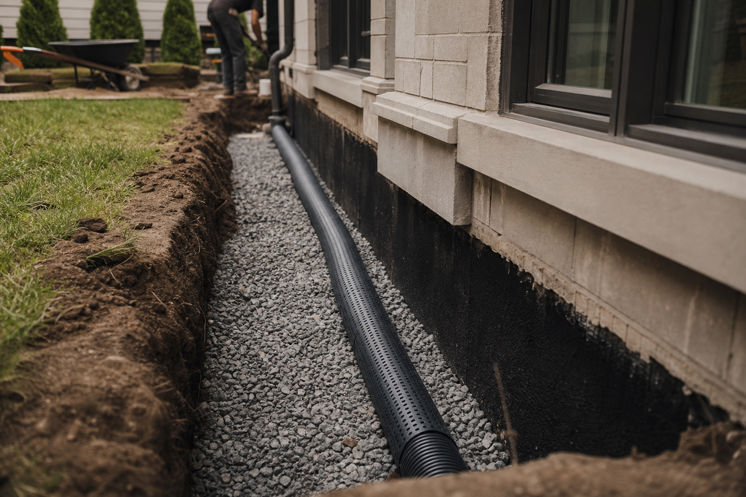 French drain installation along a residential foundation