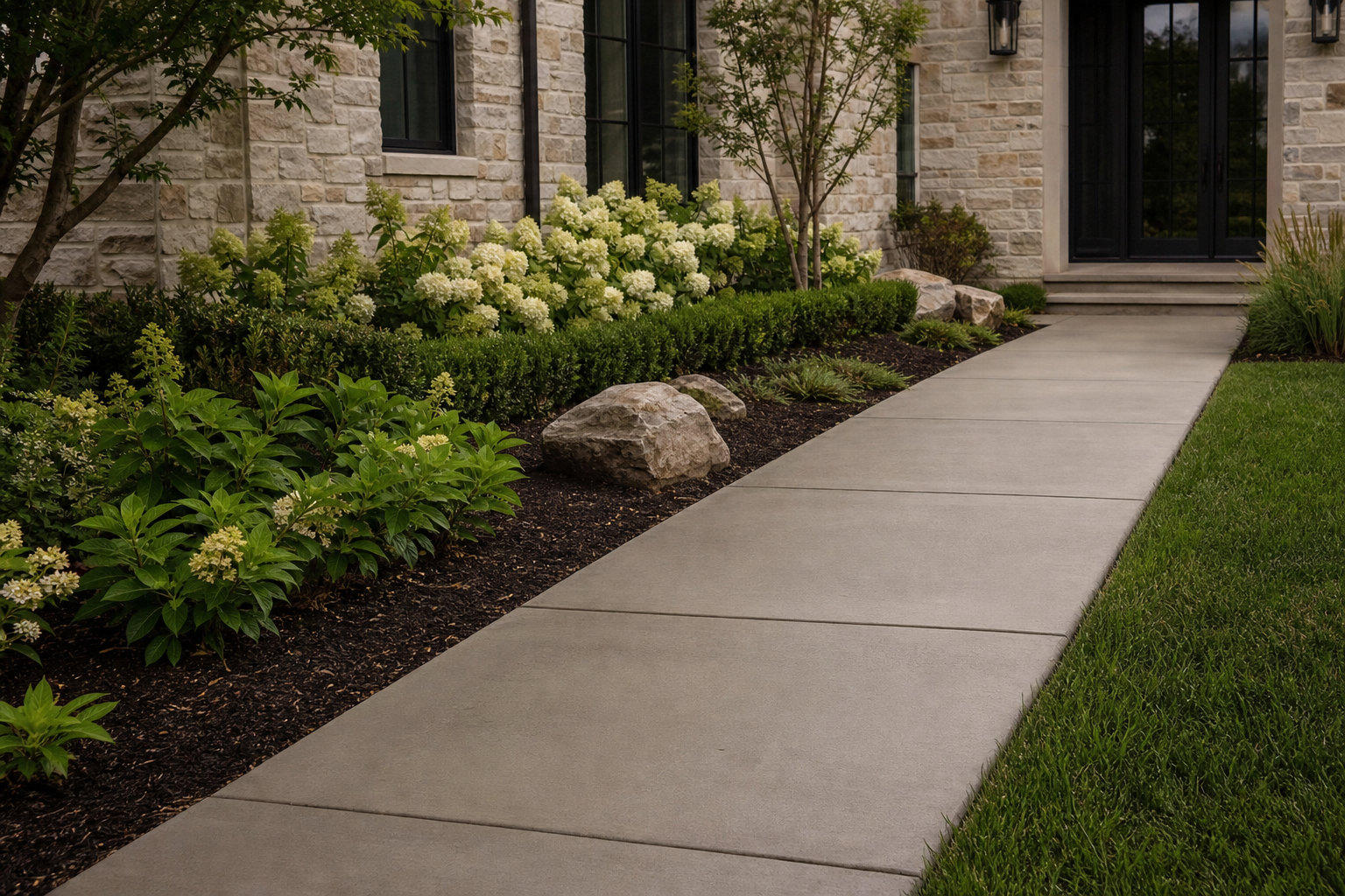 Freshly finished residential concrete sidewalk